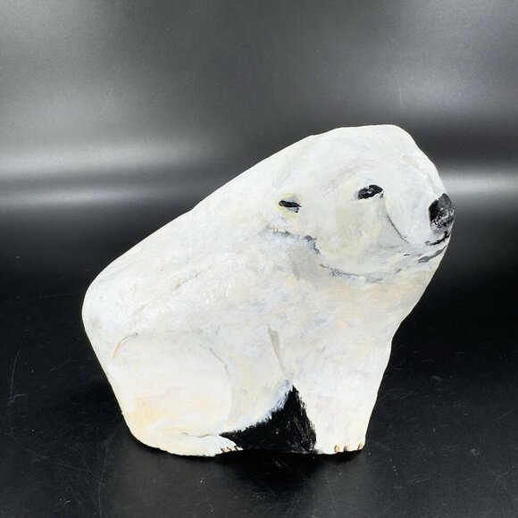Hand Painted Folk Art Stone Paperweight Figurine Polar Bear Heavy Signed Lejman - Picture 11 of 15